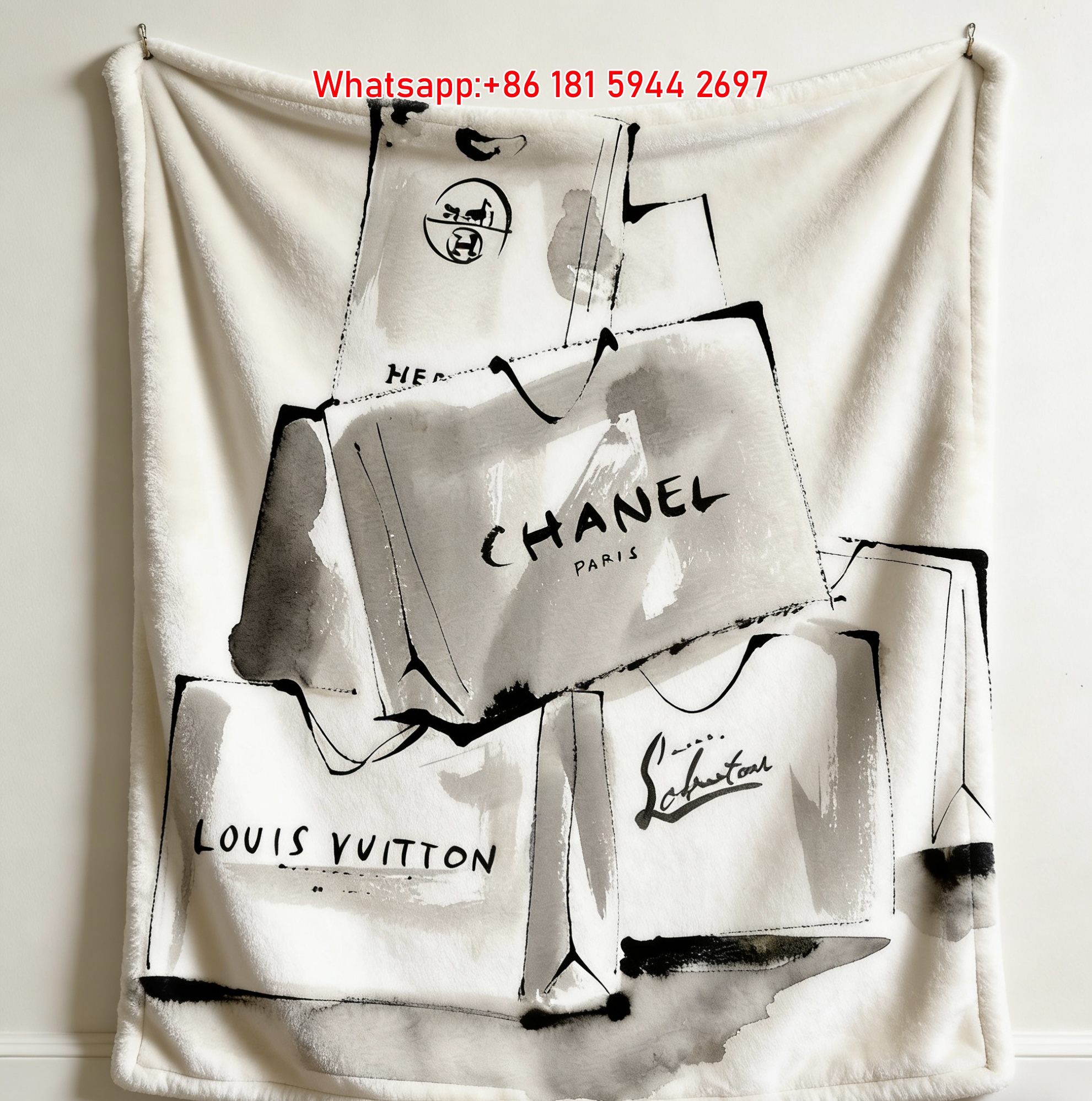 Chanel & Luxury Shopping Bags Ink Sketch Flannel Sofa Throw Blanket IMG_6796